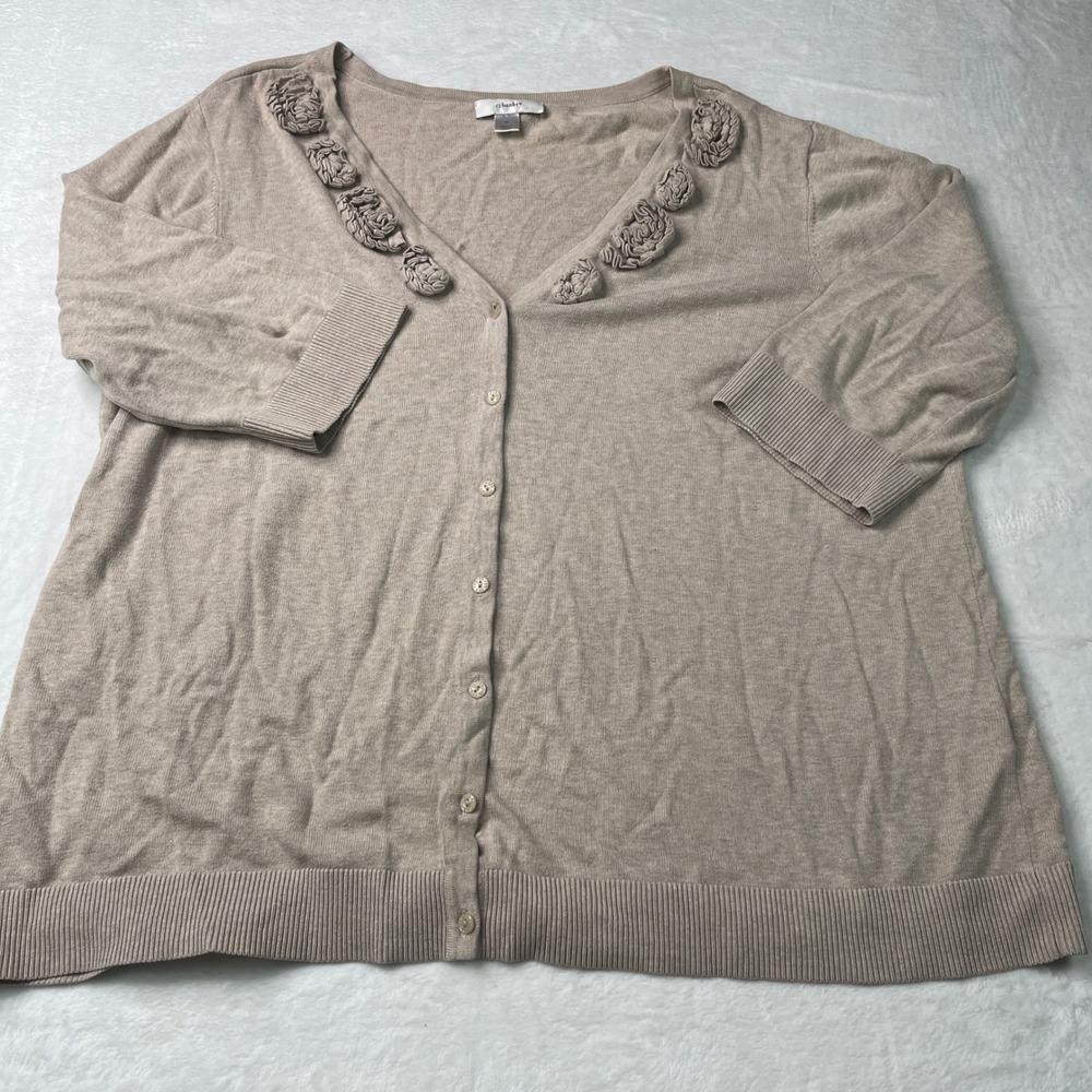 CJ Banks Women 3X Tan Cotton Cardigan Rosette V-Neck 3/4 Sleeve Sweater
